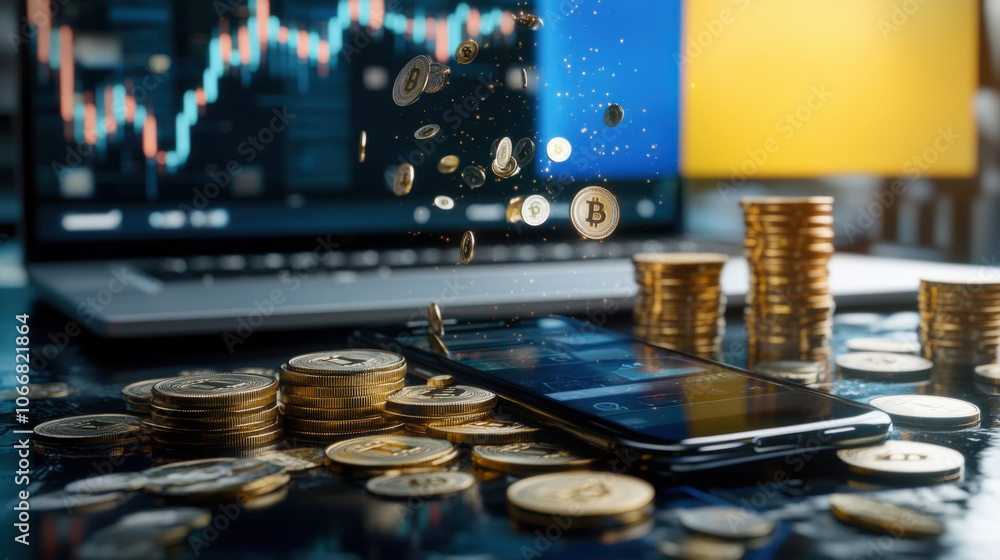 Aufkleber smartphone displaying cryptocurrency transactions with bitcoin coins falling around it, symbolizing 