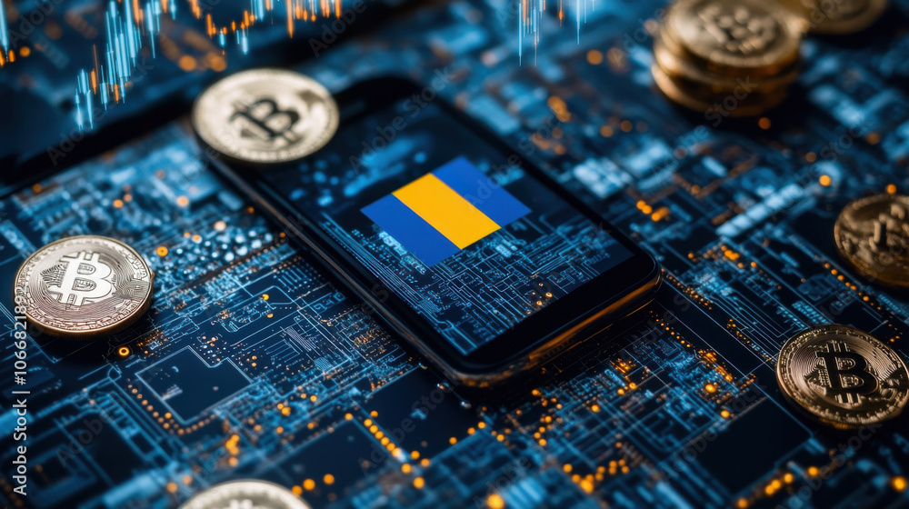 Poster digital currency and technology with ukrainian flag on smartphone, surrounded by bitcoin coins and c