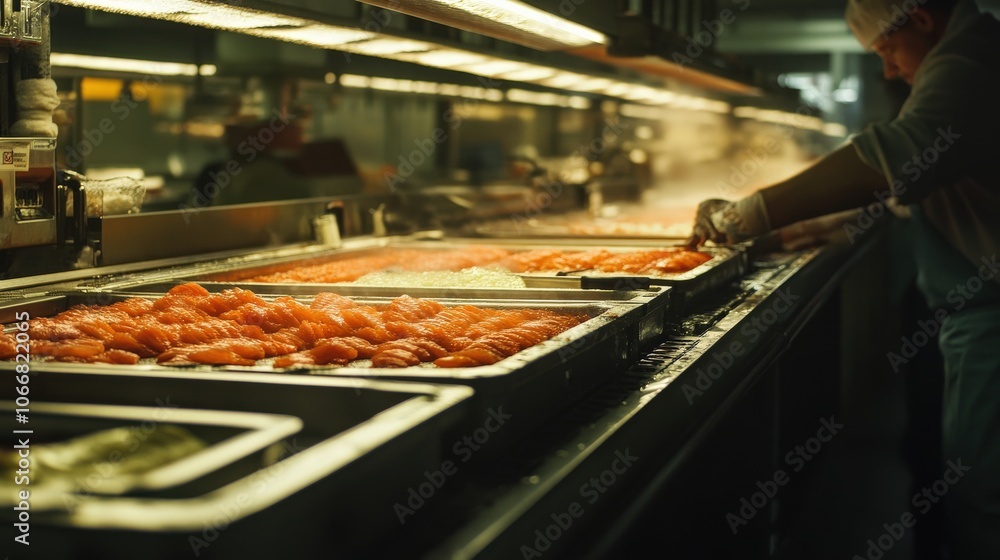Poster workers actively process salmon along an assembly line in a busy facility, ensuring efficient handli