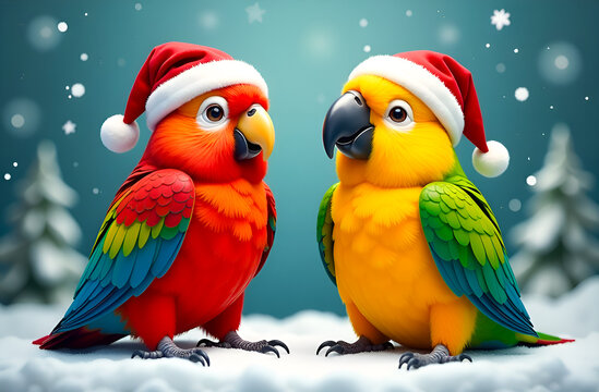 Two bright colorful parrots in Santa Claus hats against the background of a snowy forest. Merry Christmas and New Year greeting card, postcard with exotic birds
