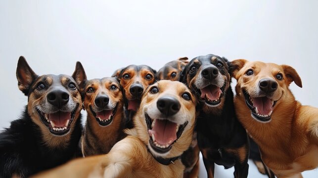  team group row of dogs taking a selfie isolated on white background, smile and happy snapshot