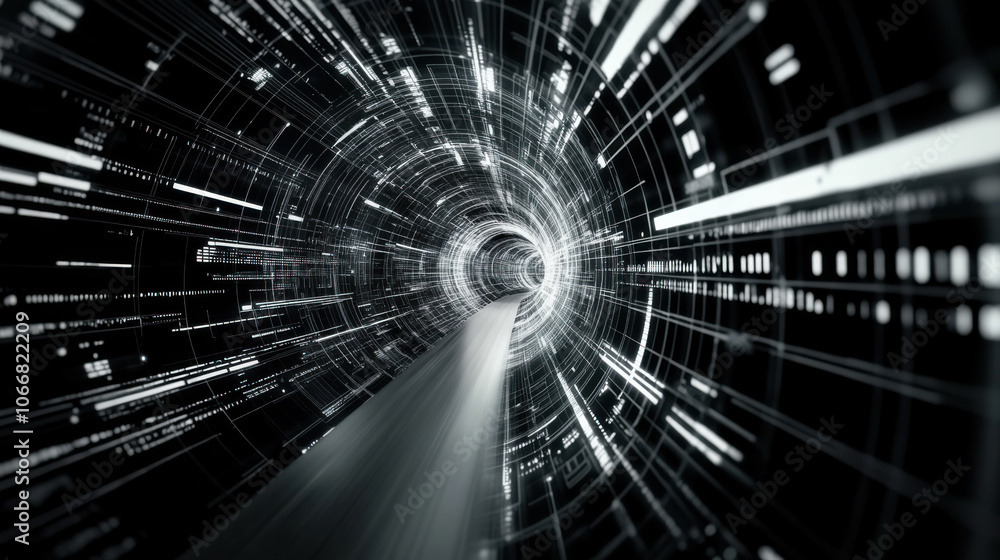 Poster monochrome vortex of abstract digital patterns creating sense of depth and motion. swirling lines an