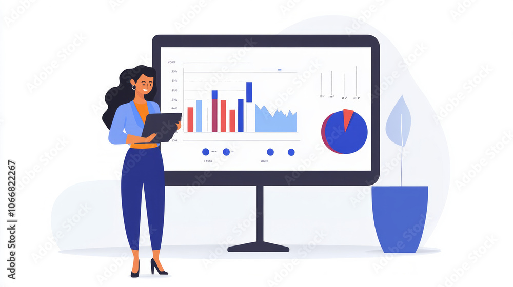 Aufkleber businesswoman presenting market analysis using graphs and data on a large screen in a modern office 