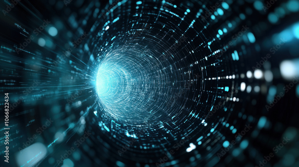 Poster futuristic vortex with intricate digital patterns and glowing blue light, creating sense of depth an