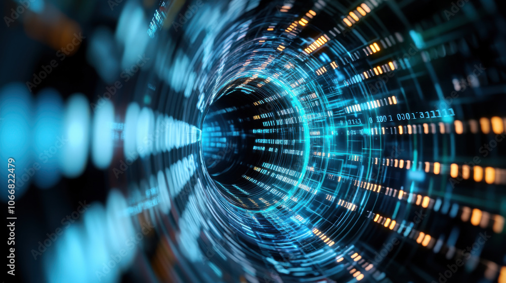 Poster retro futuristic vortex filled with intricate digital patterns and glowing lights, creating mesmeriz