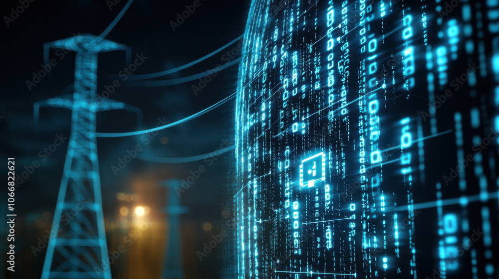 Poster digital representation of electric substation with glowing data streams and power lines, showcasing 