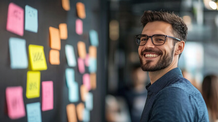 Team members collaborate and share ideas using sticky notes on a wall during a brainstorming session at the office