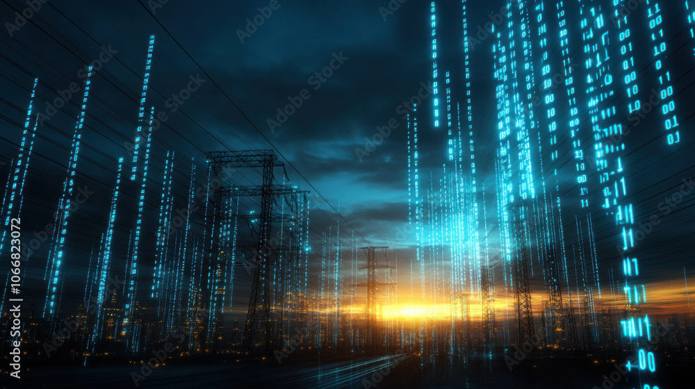 Poster digital representation of electric substation at sunset, showcasing binary code and power lines agai