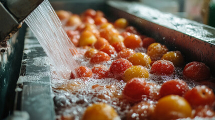 Fresh produce being washed in a processing plant with water spraying over ripe tomatoes and other fruits during the cleaning process