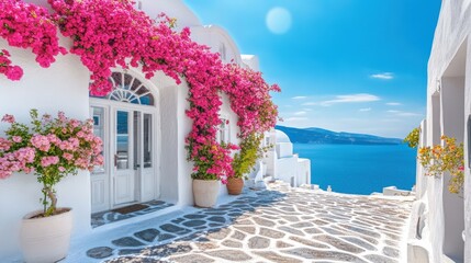 White Mediterranean Architecture with Pink Bougainvillea Overlooking Blue Sea in Greece
