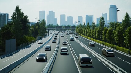 Aerial view of multiple autonomous cars seamlessly navigating through traffic on a wide highway,