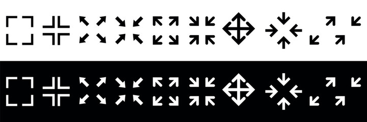 Collection of full screen and exit full screen icons. Arrow mark icons. Scalability icons in flat style for web site, UI, mobile app. Vector illustration isolated on black and white background.