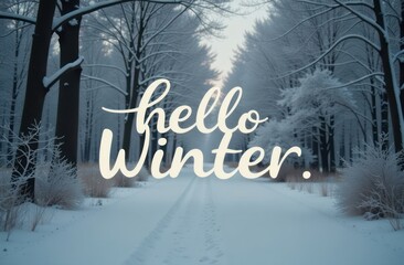 glowing hello winter sign in snowy forest, warm ambiance, concept of winter event, festive decoration, nature workshop