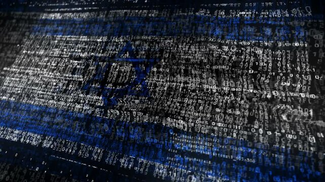 Israel USA flag waving secure code. Israeli blowing banner cyber security attack and hack concept animation.
