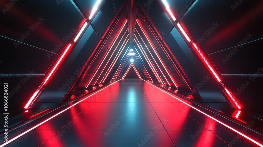 Poster a futuristic triangle passageway with dark glossy walls and vibrant neon red lines running along the