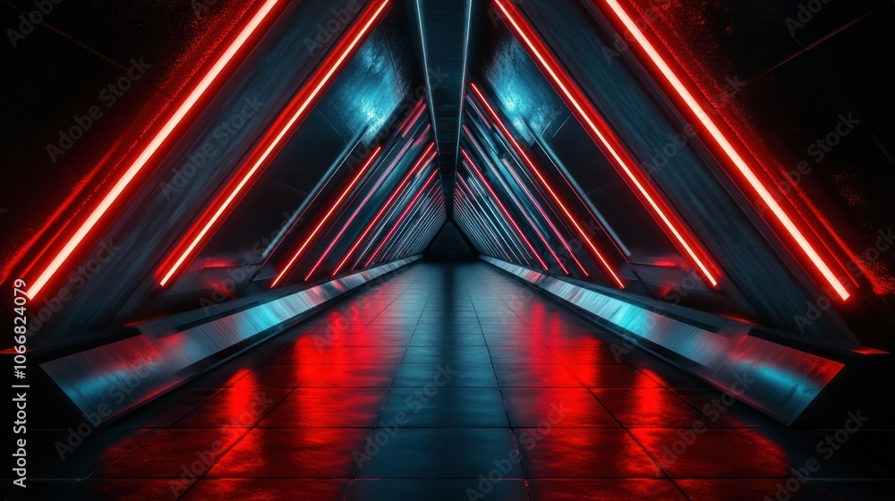 Poster a futuristic triangle passageway with dark glossy walls and vibrant neon red lines running along the