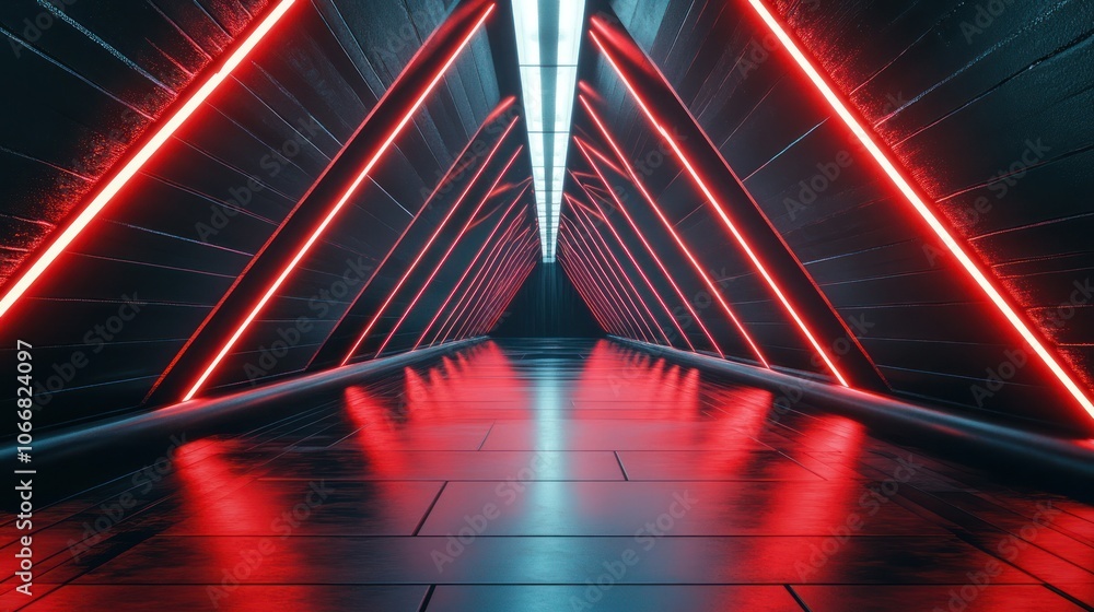 Poster a futuristic triangle passageway with dark glossy walls and vibrant neon red lines running along the