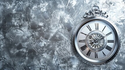 A silver clock with roman numerals on a distressed silver background.