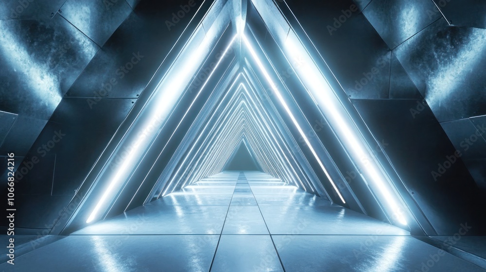 Poster a futuristic triangle passageway with dark glossy walls and vibrant neon red lines running along the
