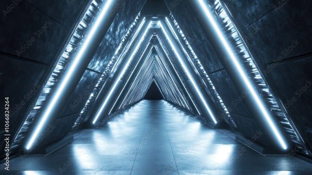 Poster a futuristic triangle passageway with dark glossy walls and vibrant neon red lines running along the