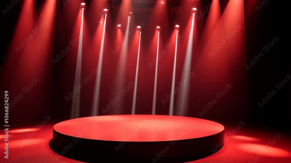 Poster A red stage is lit by multiple spotlights, creating an illuminated platform