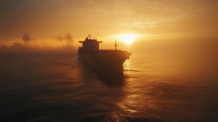Silhouette of a cargo ship at sunrise on the open ocean, representing global transport and logistics