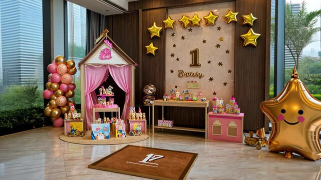 A first birthday party setup with a pink and gold theme, featuring a balloon arch, a cake table, and a large gold star balloon with a smiley face