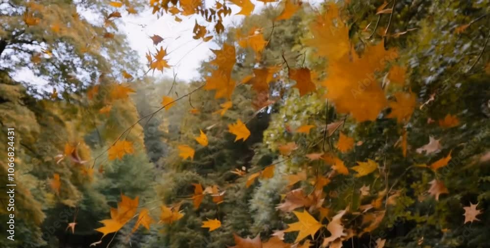 Poster falling autumn leaves swirl in a vibrant display of golden and amber hues, creating a magical atmosp