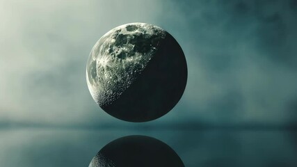 A large, gray moon hangs in the sky above a calm, reflective body of water
