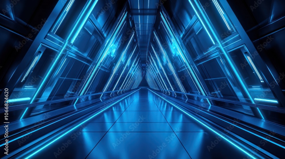 Poster a high-tech triangular corridor with glowing blue neon lights and reflective surfaces extending into