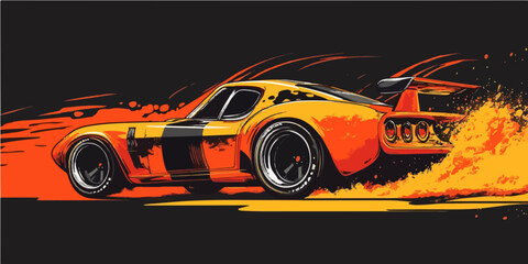 Dynamic vector design of a retro race car in bright orange and black, perfect for vintage automotive themes and t-shirt designs.