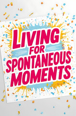 Vibrant, playful poster with &ldquo;Living for Spontaneous Moments&rdquo; in bold, dynamic typography, accented by small, colorful splashes or confetti to convey a lively, spontaneous energy.