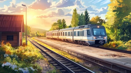 Fototapeta premium Train departing a rural station, symbolizing scenic rail journeys and countryside travel