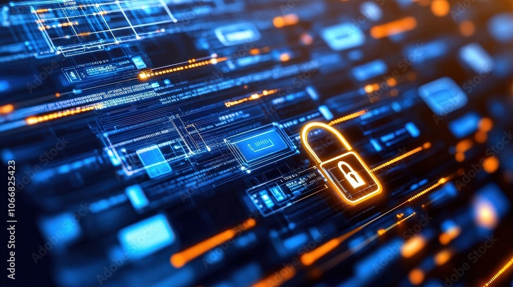 Poster the computer screen prominently features a bright lock symbol, surrounded by animated lines of digit
