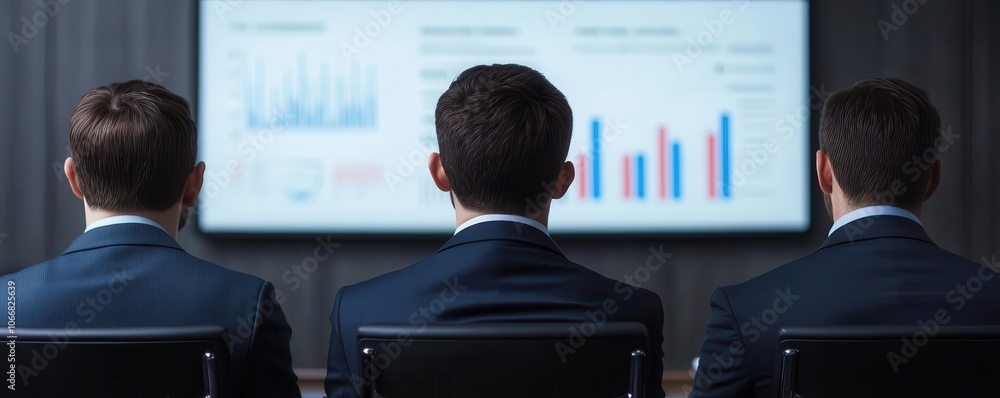Poster three professionals in suits watch a presentation displaying graphs and data on a screen, indicating