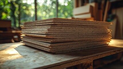 Stack of Plywood Sheets in a Workshop