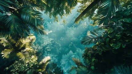 A tropical jungle canopy view, hypermaximalist, advertising photography, hyper realistic, fine detail,