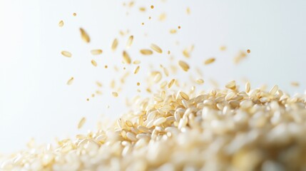 rice grains floating and dispersing in mid-air, with tiny glowing particles and soft shadows on a clean white background