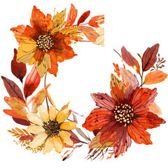 Watercolor Burnt Orange Dahlias and Eucalyptus Leaves for Rustic Fall Weddings
