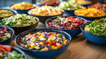 Fototapeta premium Vibrant selection of colorful salads displayed at a summer gathering showcasing fresh vegetables and flavors