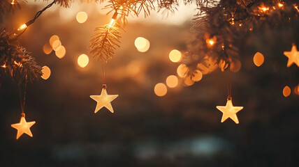 Fototapeta premium Warm golden light illuminates decorative stars hanging from a tree during a festive evening