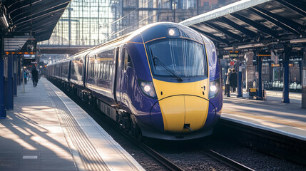 Fototapeta premium A modern train arriving at a busy platform during daylight, with passengers anticipating their journeys
