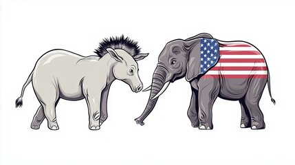 Obraz premium Democratic donkey and Republican elephant with American flag design. political campaigns, election material, voter education, party convention, civic event, government publication, political science 