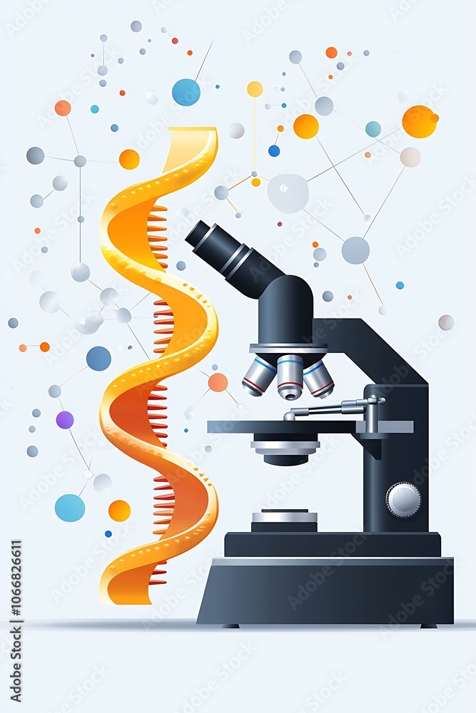 Poster a microscope is shown with a dna strand in front of it