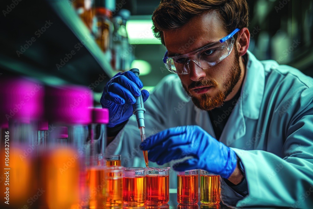 Poster a scientist in a lab coat, wearing protective gear, carefully dispersing liquid with a pipette into 