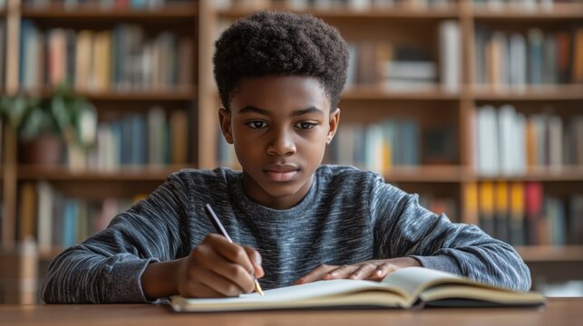 Focused young boy studying at desk, writing in notebook, learning in cozy room with bookshelves background, education, concentration, academic study, knowledge pursuit