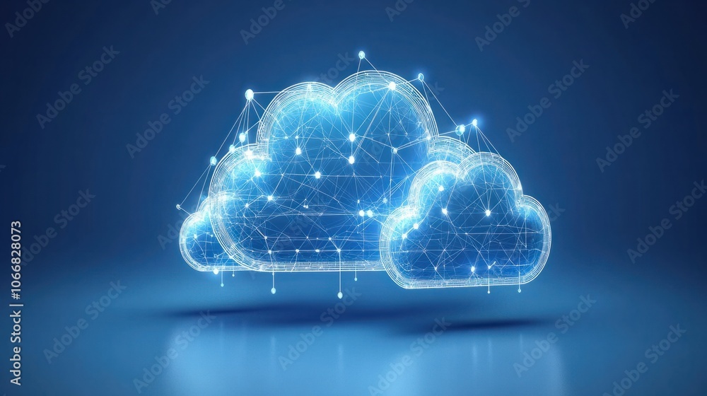 Poster abstract cloud computing icons connected by lines, symbolizing cloud technology on a blue background