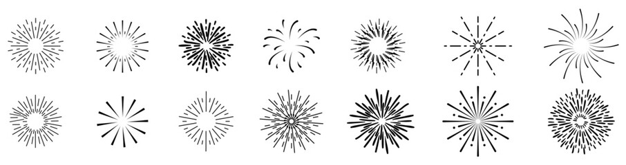 Obraz premium Vector set of retro style geometric shine icons, black circles isolated on white background, rays of explosions.