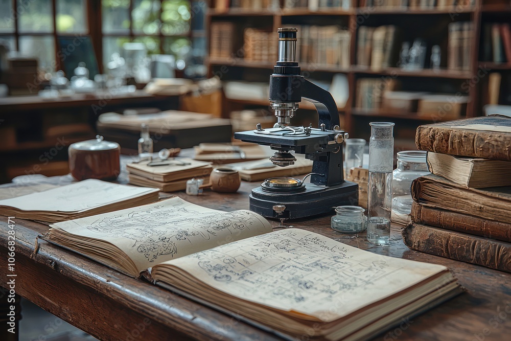 Poster vintage microscope and sketchbook on a wooden table in a library setting