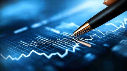 Close-up of a pen on a financial graph with blue background and data analysis.